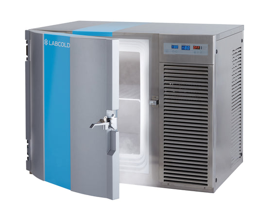 Labcold LULT80100 undercounter -80°C freezer with door open, showing digital temperature display and key lock