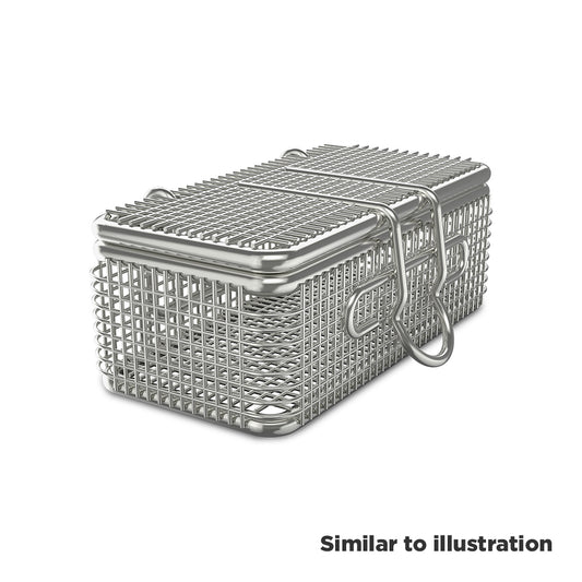 Metal mesh basket with a closed lid on a white background. Text in the bottom right hand corner saying 'Similar to illustration'