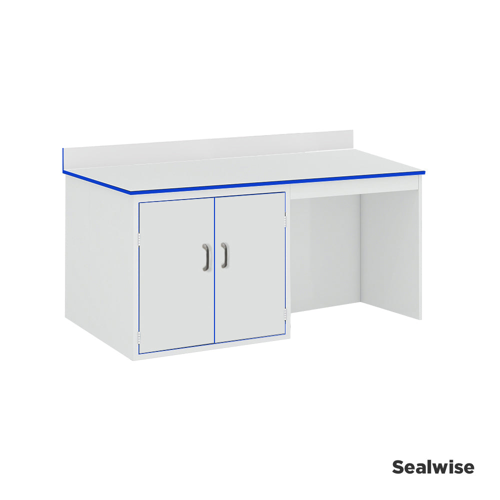 Laboratory side workbench with upstand and integrated 2 door cupboard