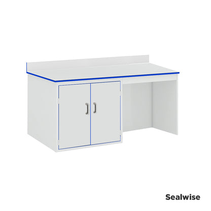Laboratory side workbench with upstand and integrated 2 door cupboard