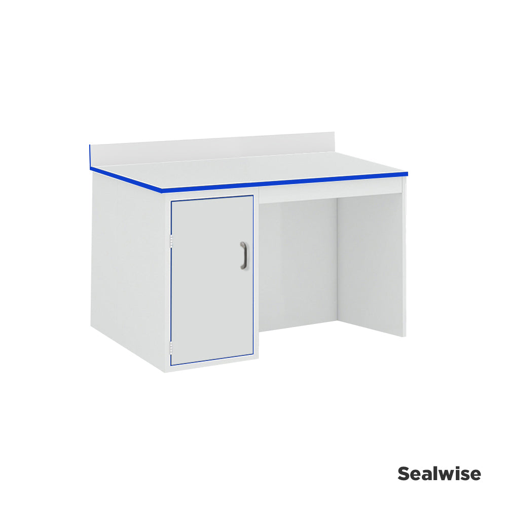 Laboratory side workbench with upstand and integrated single-door cupboard