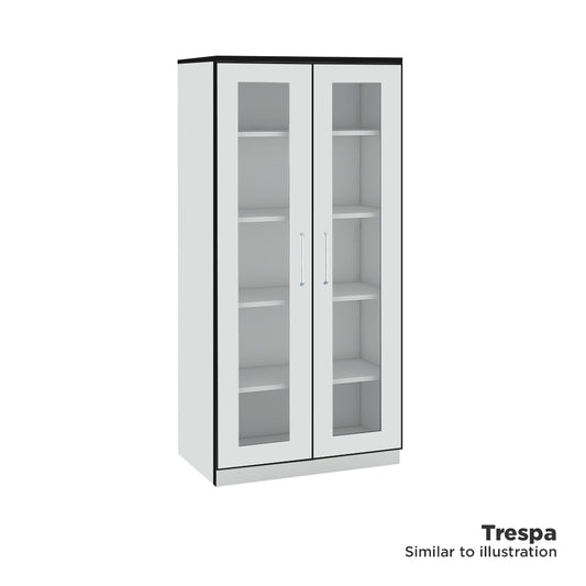 White tall laboratory cupboard with glass panel doors with Trespa black trim.