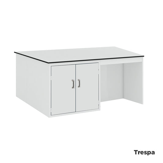 Laboratory island workbench with 2 integrated 2 door cupboards
