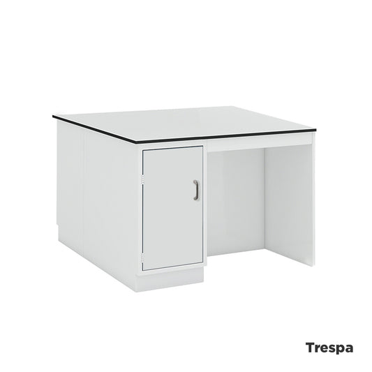Laboratory island workbench with 2 integrated single-door cupboards
