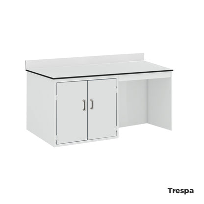 Laboratory side workbench with upstand and integrated 2 door cupboard