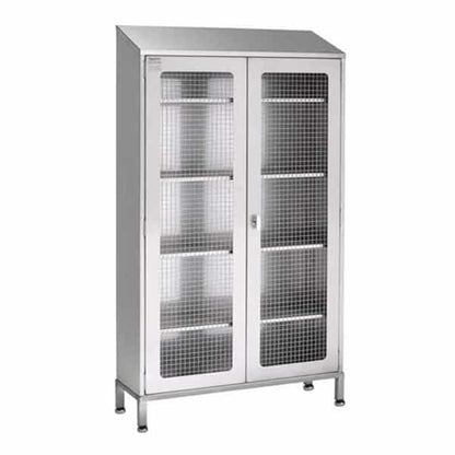 Stainless steel tall storage cupboard with mesh doors and shelves