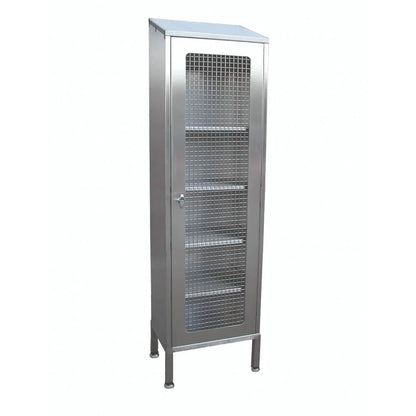 Stainless steel tall storage cupboard with mesh doors and shelves