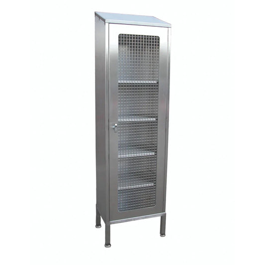 Stainless steel tall storage cupboard with mesh doors and shelves