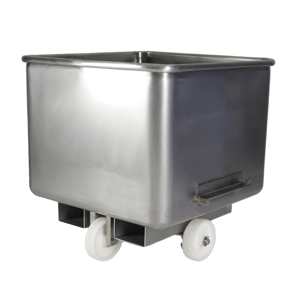 Stainless steel tote bin with forklift channels