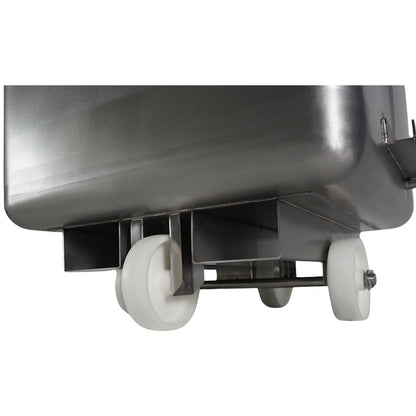 Stainless steel tote bin with hinged lid and forklift channels