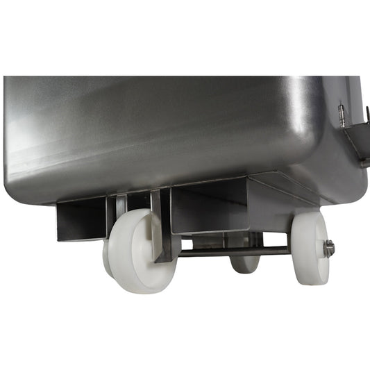 Stainless steel tote bin with hinged lid and forklift channels