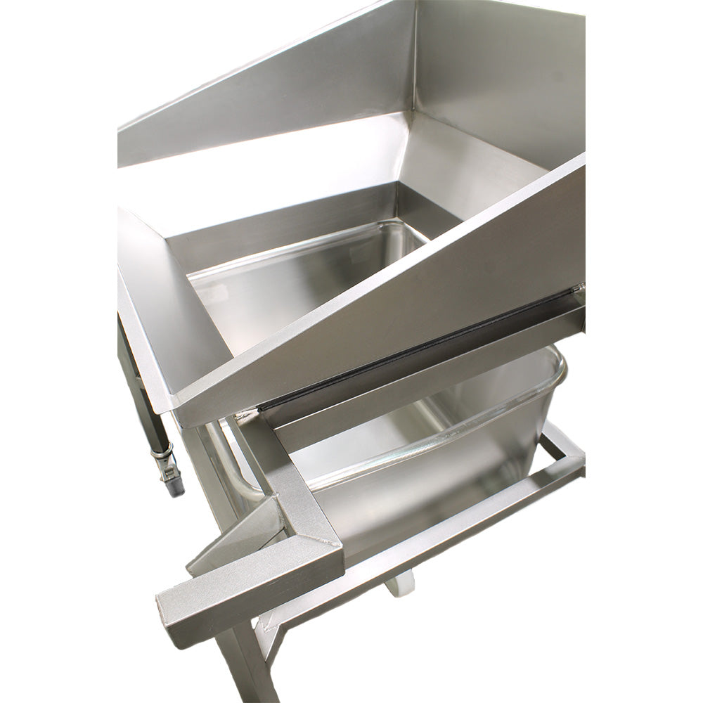 Mobile tote bin frame with chute