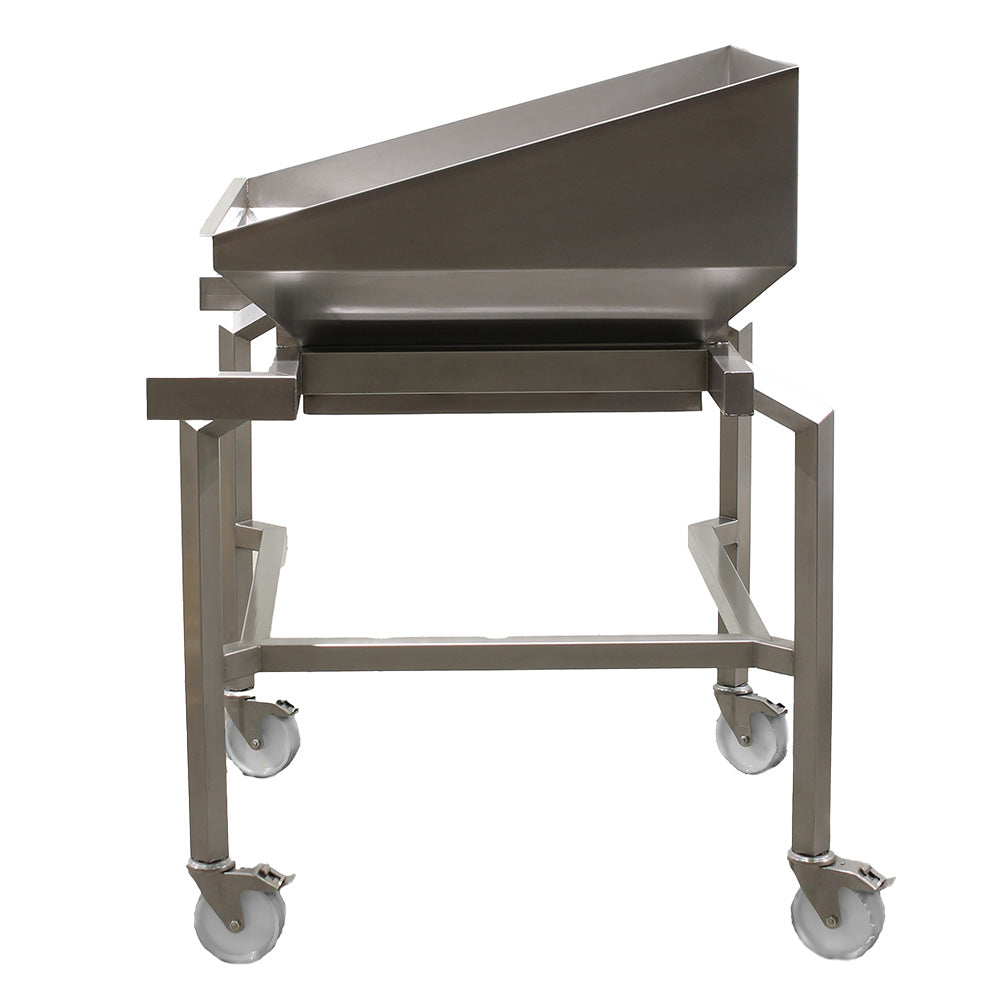 Mobile tote bin frame with chute