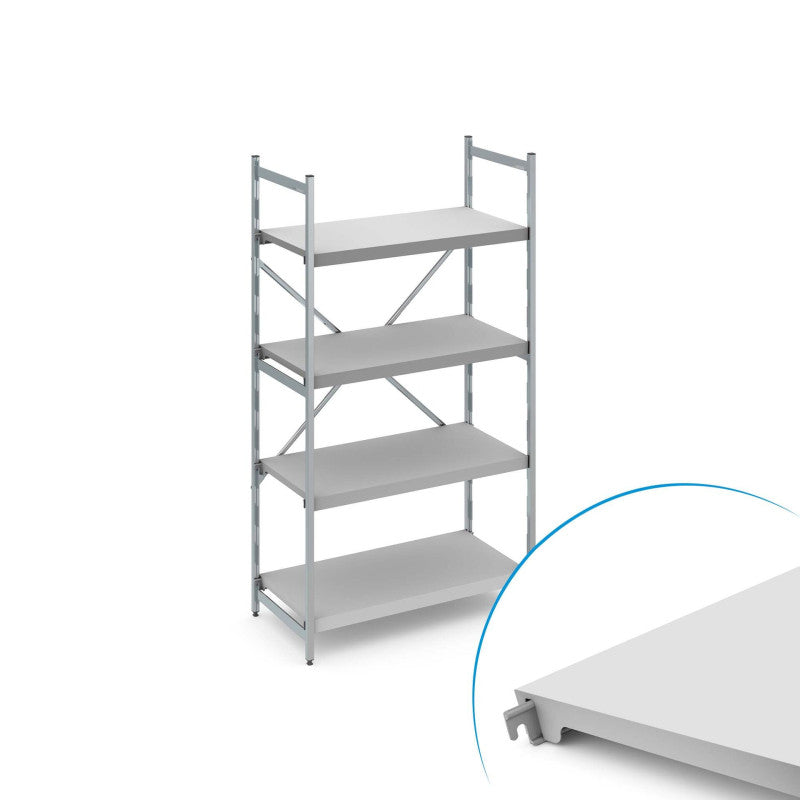 Aluminium modular shelving unit with polymer solid shelves