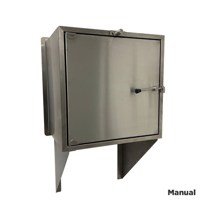 Stainless steel transfer hatch with mechanical interlocking doors