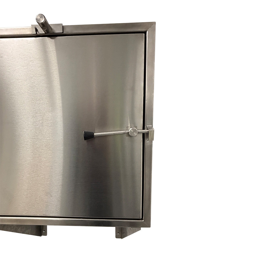 Stainless steel transfer hatch with mechanical interlocking doors