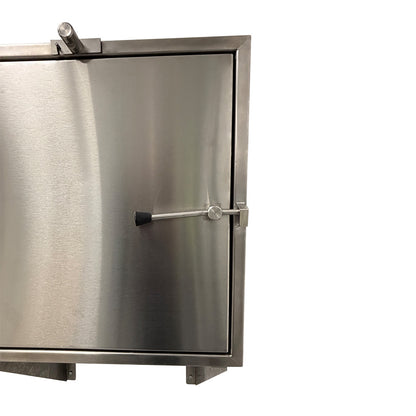 Stainless steel transfer hatch with mechanical interlocking doors
