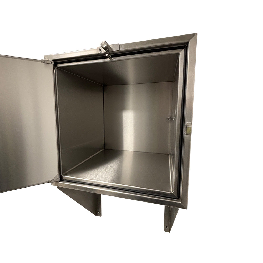Stainless steel transfer hatch with mechanical interlocking doors