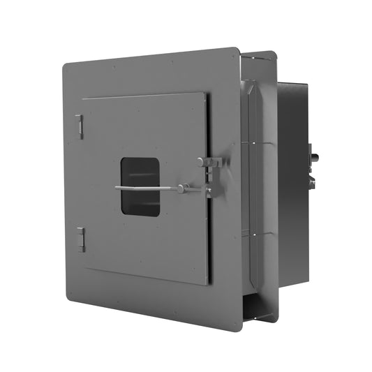 Stainless steel fire-rated transfer hatch with mechanical interlocking doors