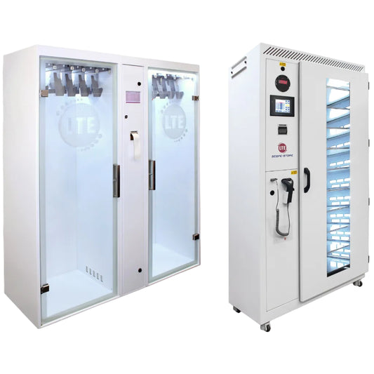 Scope-Store+ V10 and S10 endoscope drying and storage cabinets side by side, showing the double-door hanging rail cabinet and the single-door shelved cabinet with touchscreen
