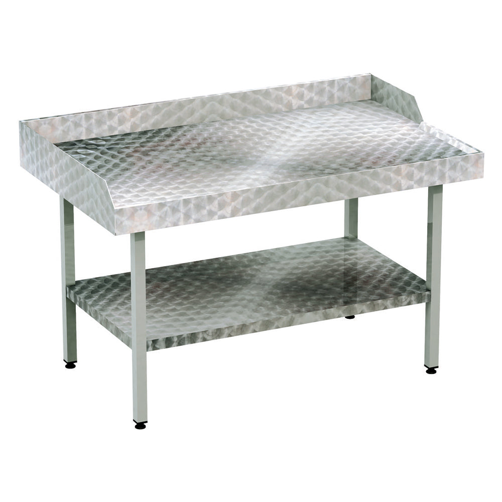 Stainless steel circular polished table with solid undershelf, upstand and outlet