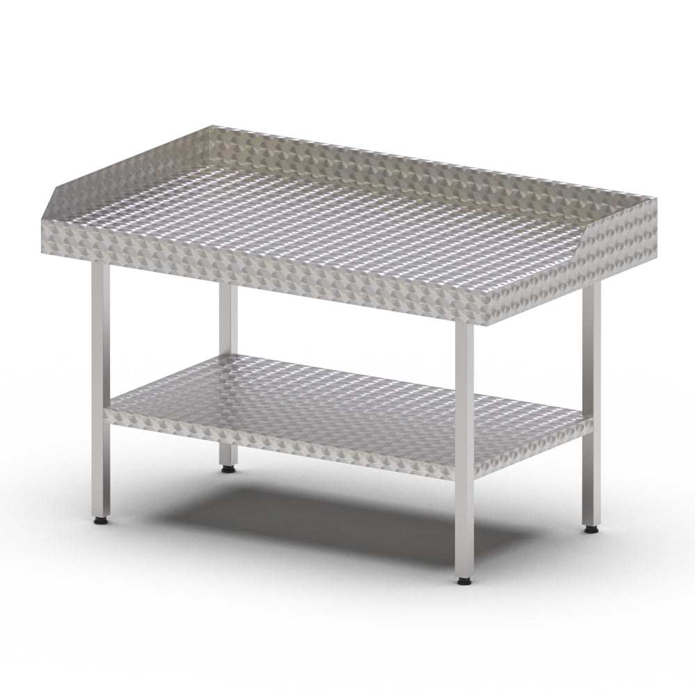 Stainless steel circular polished table with solid undershelf, upstand and outlet
