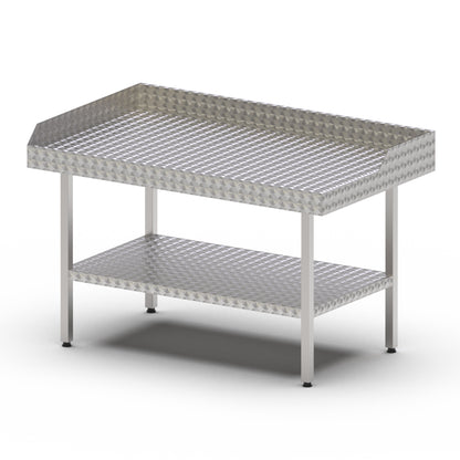 Stainless steel circular polished table with solid undershelf, upstand and outlet