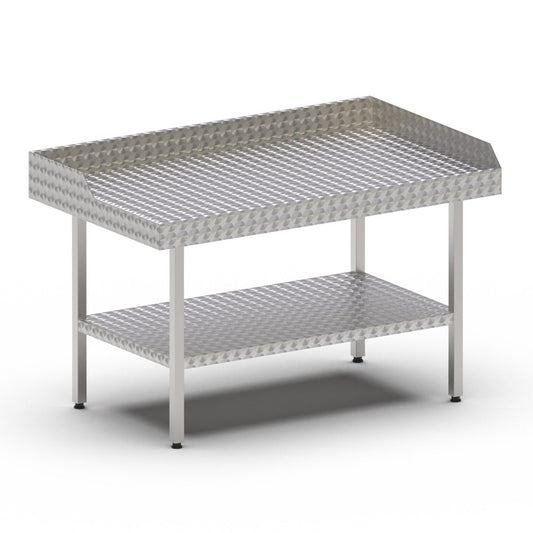Stainless steel circular polished table with solid undershelf, upstand and outlet