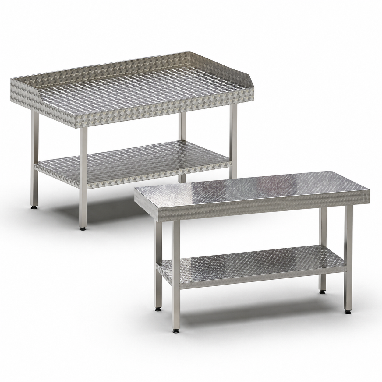 Stainless steel circular polished tables with solid undershelf
