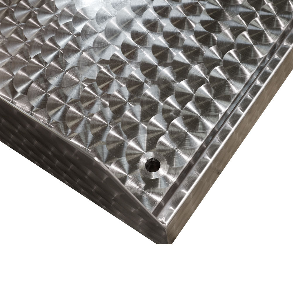 Stainless steel circular polished table with solid undershelf, upstand and outlet