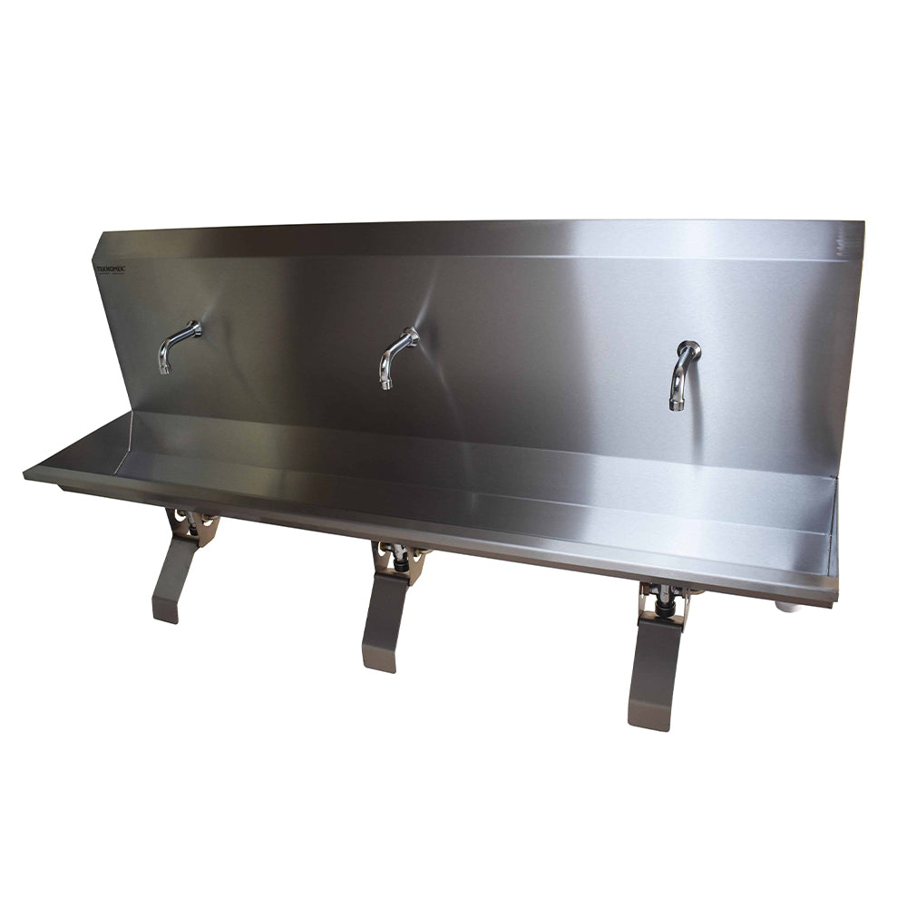 Stainless steel three station knee operated wash trough