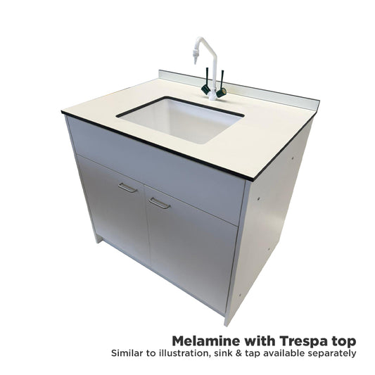 Laboratory sink and storage bench with Trespa® TopLab® Base worktop