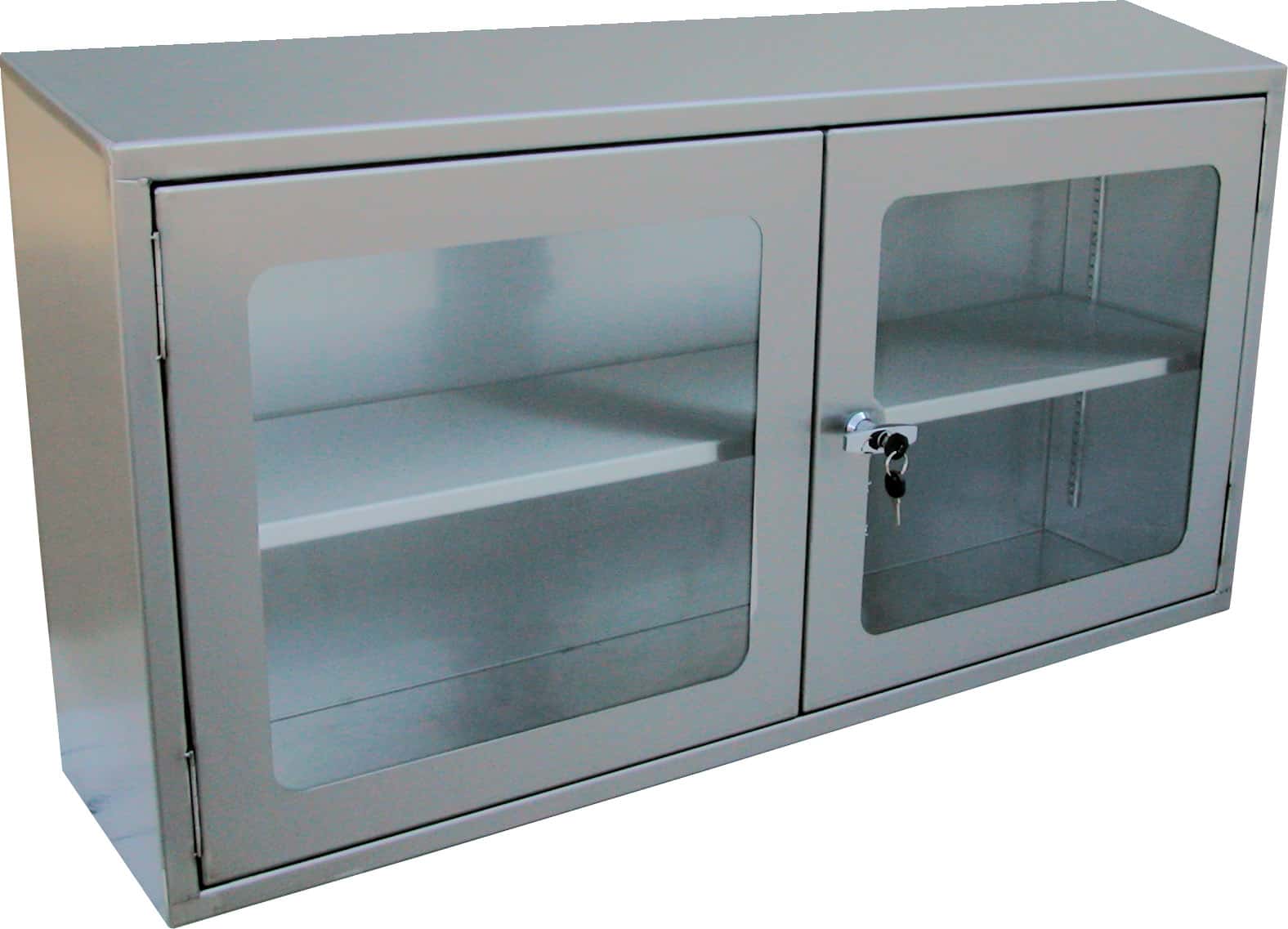 Hinged lockable wall cupboard with vision panel