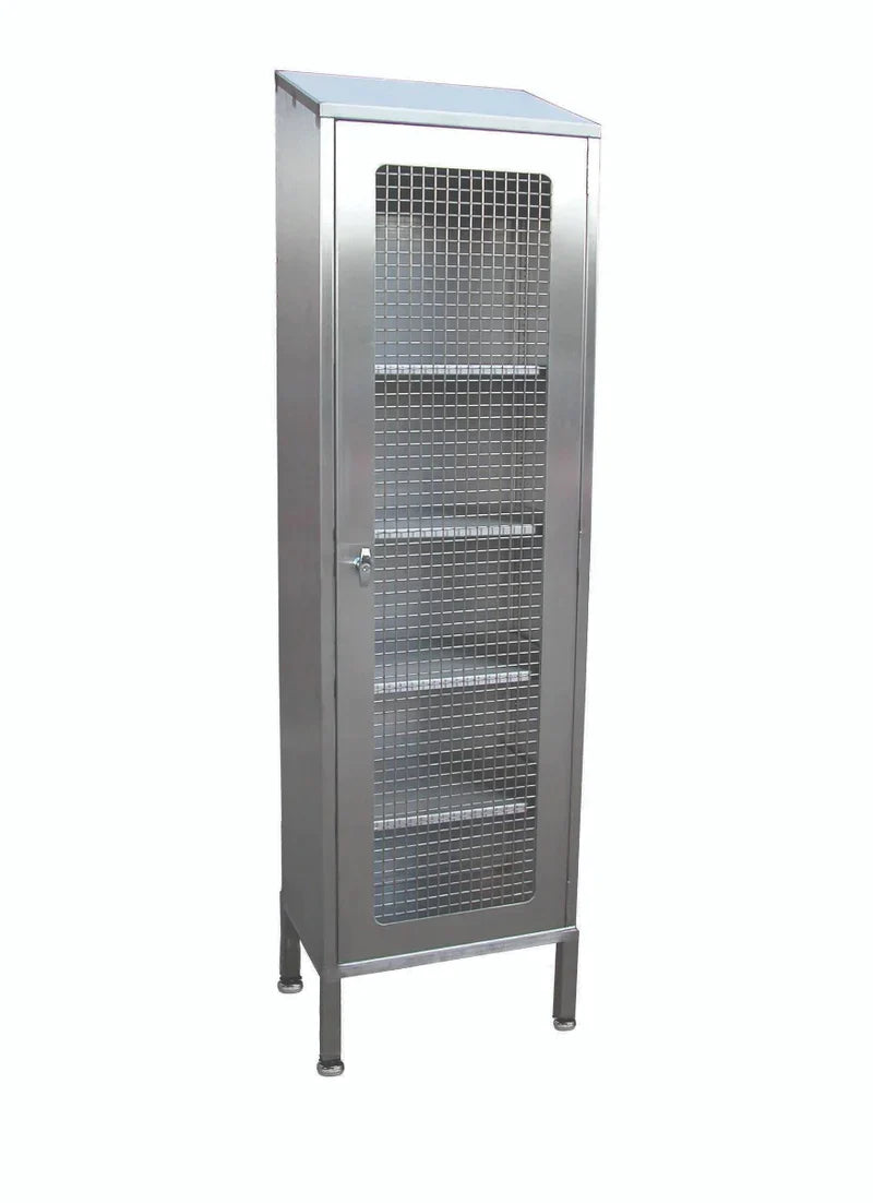 Stainless steel tall storage cupboard with mesh doors and shelves