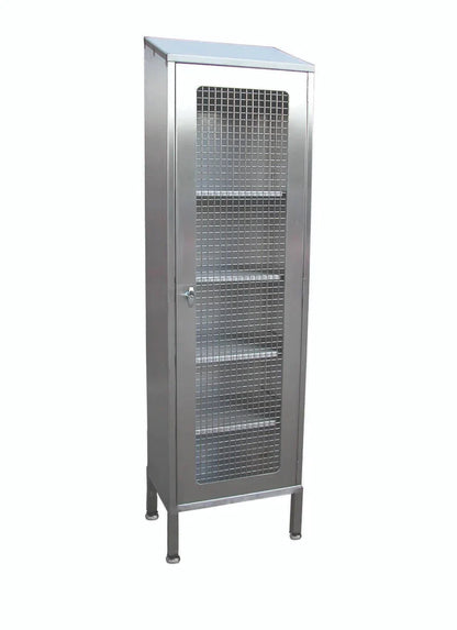 Stainless steel tall storage cupboard with mesh doors and shelves