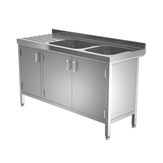 Stainless steel double bowl sink with cupboard