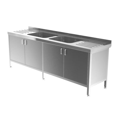 Stainless steel double bowl sink with cupboard
