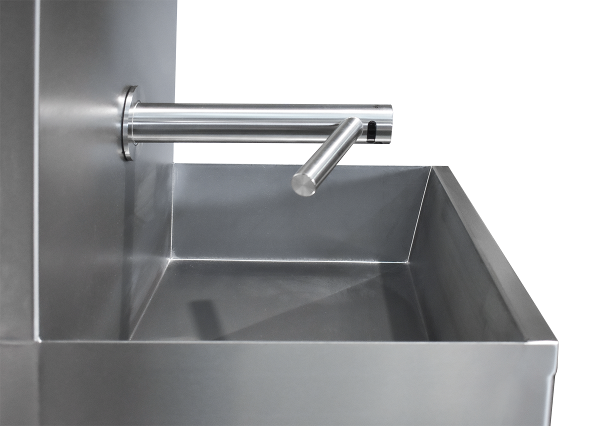 Stainless steel three station wash trough with Dyson Airblade wash + dry tap
