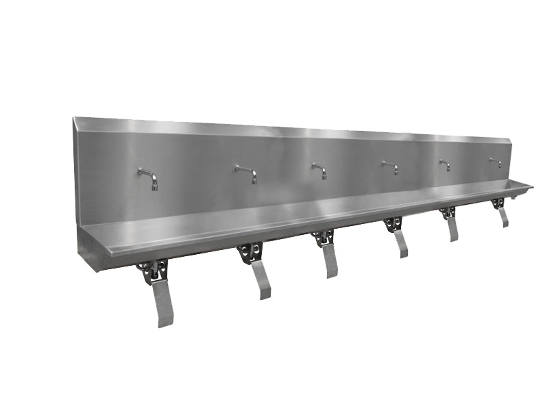 Stainless steel six station knee operated wash trough