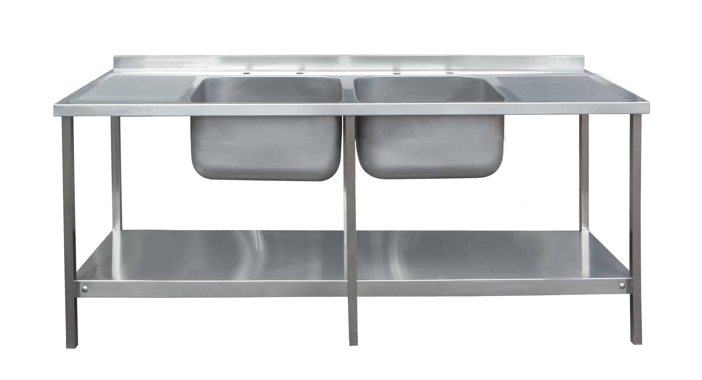 Stainless steel double bowl sink with drainer and under shelf