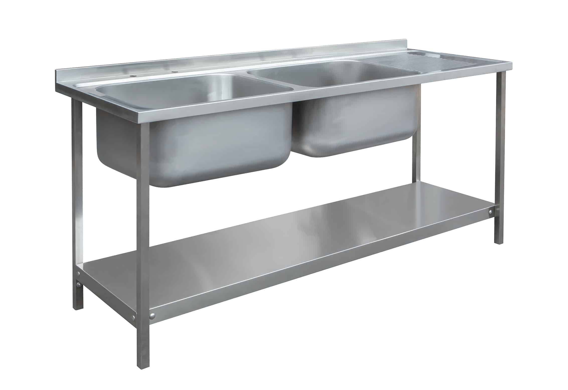 Stainless steel double bowl sink with drainer and under shelf